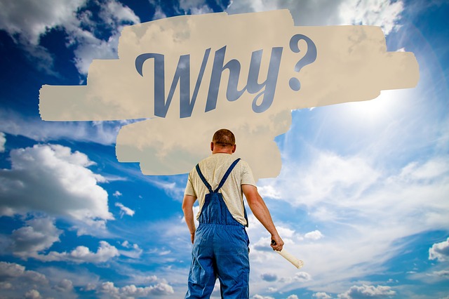 A sky background with a house painter in overalls facing away with a paintbrush above the main is a white paint strokes in the middle is painted Why in blue letters