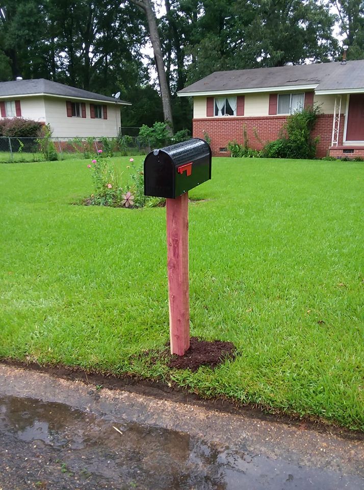 cedar post with black mailbox