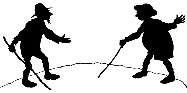 Two old men with canes approaching each other